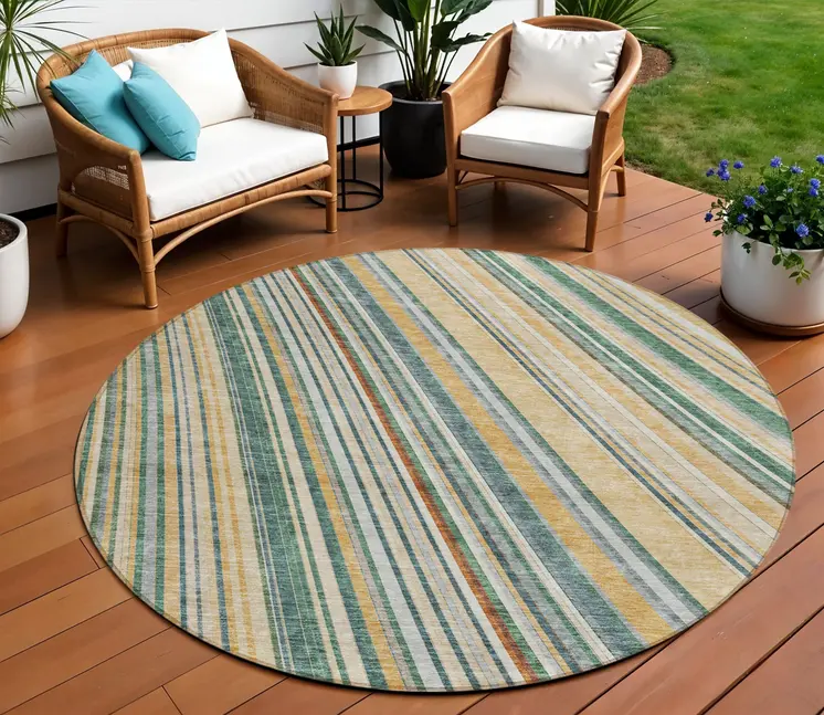 8' Beige Gold And Sage Round Striped Washable Indoor Outdoor Area Rug