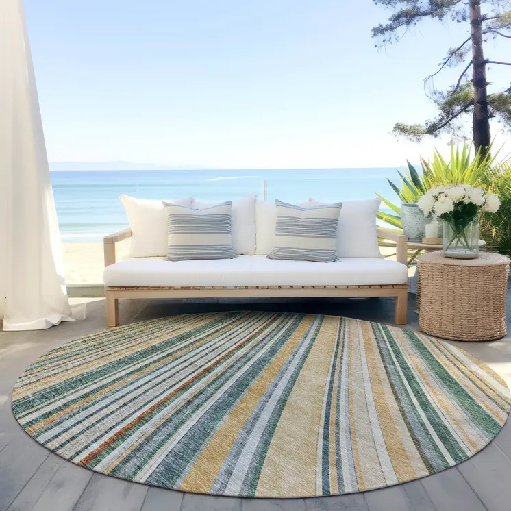 8' Beige Gold And Sage Round Striped Washable Indoor Outdoor Area Rug