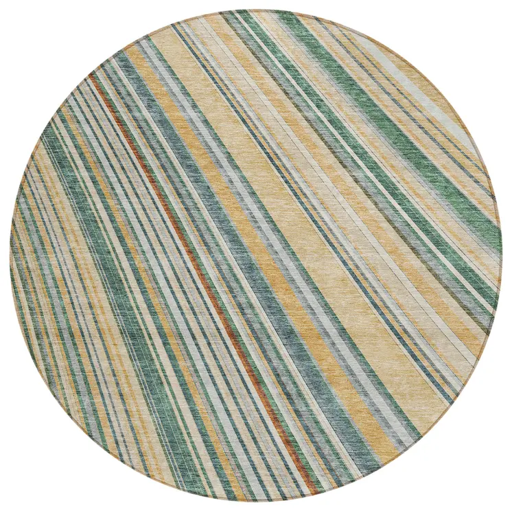 8' Beige Gold And Sage Round Striped Washable Indoor Outdoor Area Rug