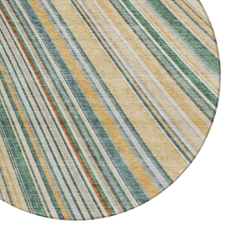 8' Beige Gold And Sage Round Striped Washable Indoor Outdoor Area Rug