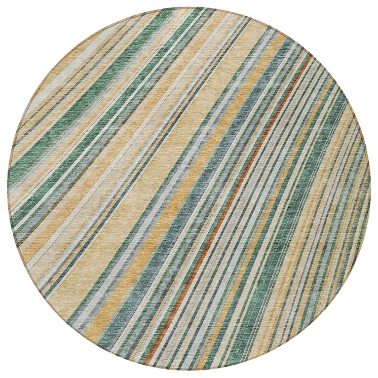 8' Beige Gold And Sage Round Striped Washable Indoor Outdoor Area Rug