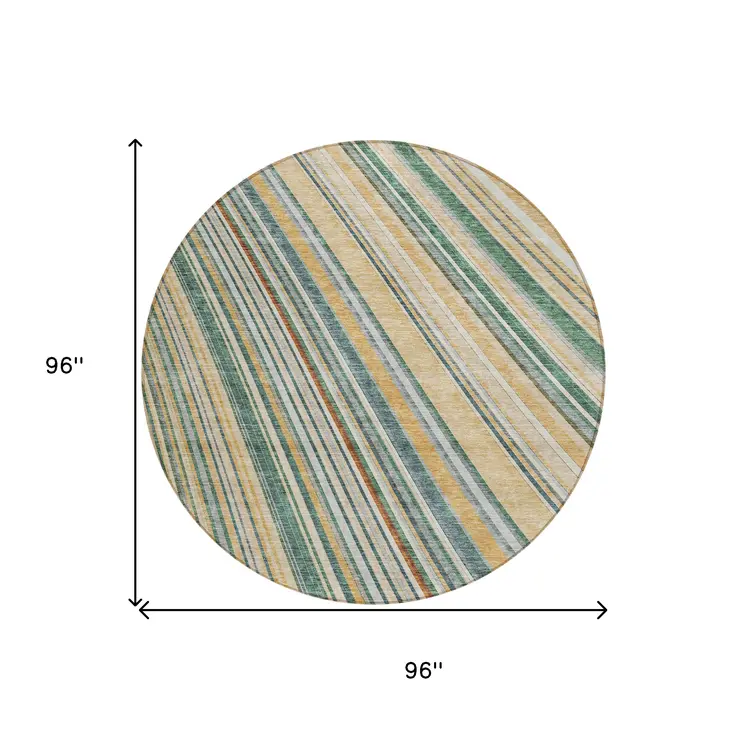 8' Beige Gold And Sage Round Striped Washable Indoor Outdoor Area Rug
