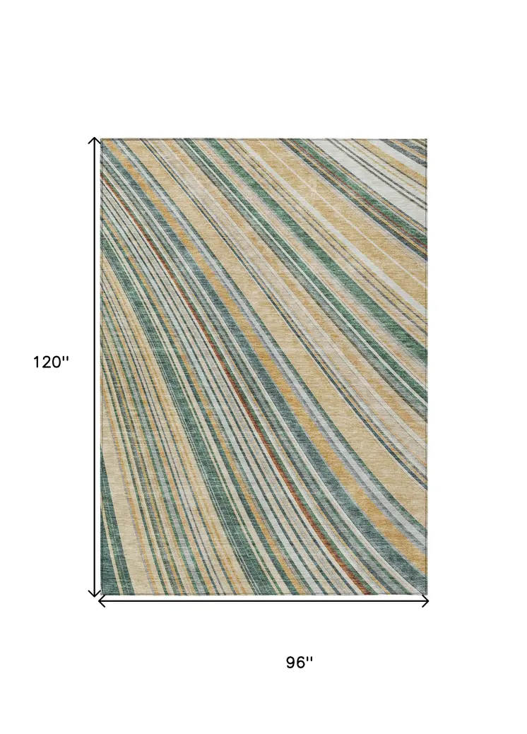 8' X 10' Beige Gold And Sage Striped Washable Indoor Outdoor Area Rug