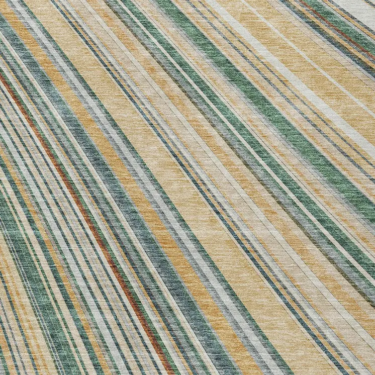 9' X 12' Beige Gold And Sage Striped Washable Indoor Outdoor Area Rug