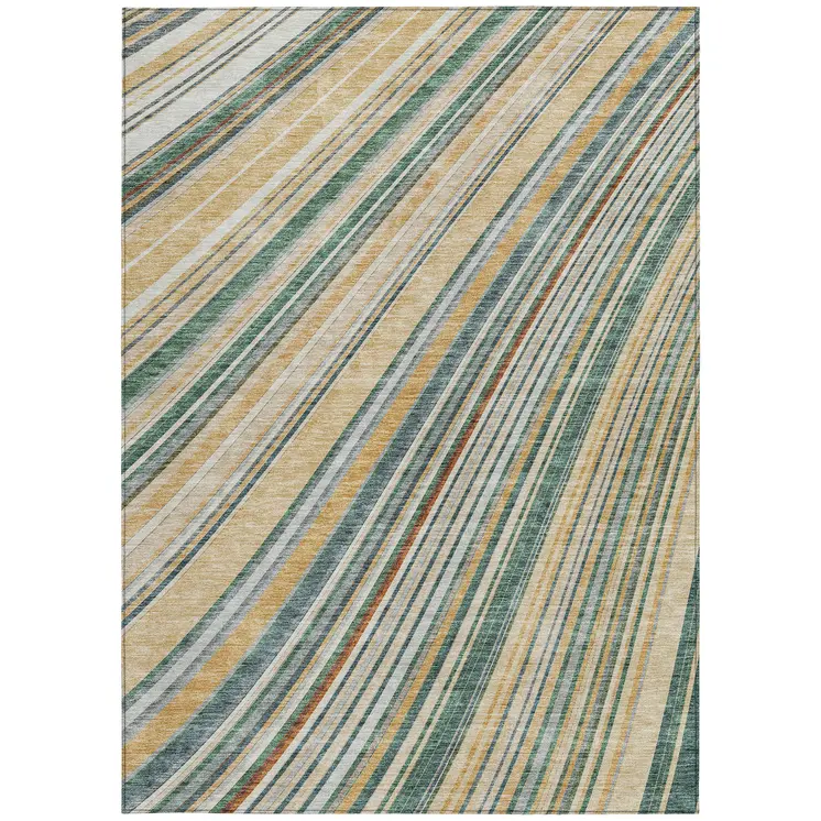 10' X 14' Beige Gold And Sage Striped Washable Indoor Outdoor Area Rug