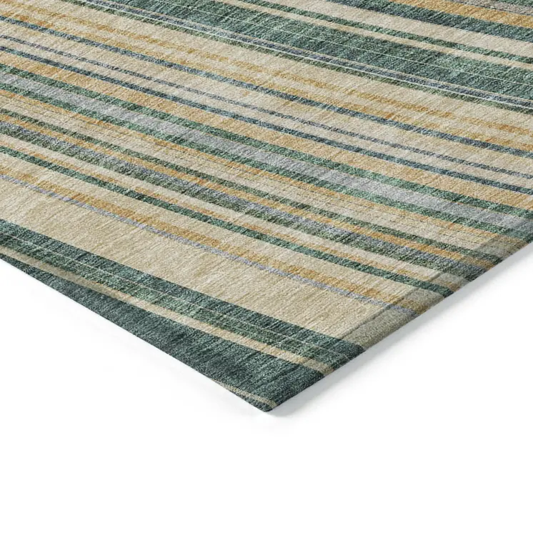 10' X 14' Beige Gold And Sage Striped Washable Indoor Outdoor Area Rug