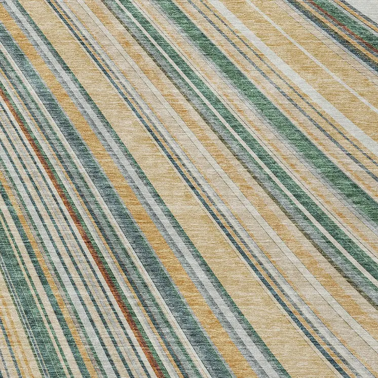 10' X 14' Beige Gold And Sage Striped Washable Indoor Outdoor Area Rug