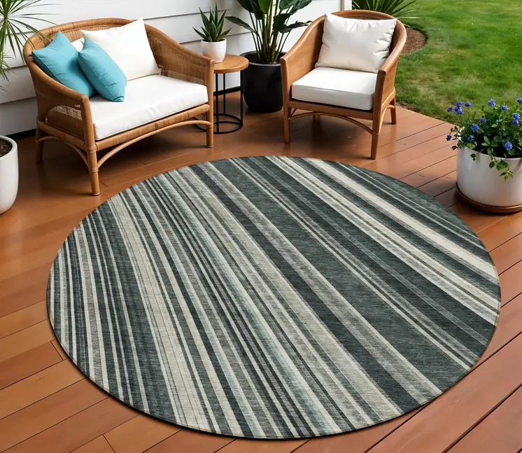8' Black Gray And Ivory Round Striped Washable Indoor Outdoor Area Rug