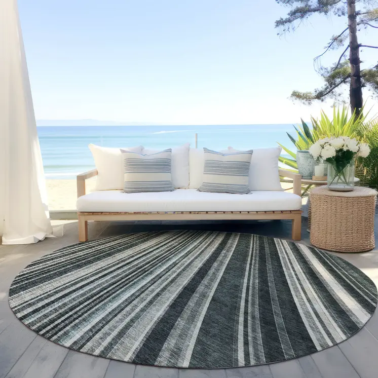 8' Black Gray And Ivory Round Striped Washable Indoor Outdoor Area Rug