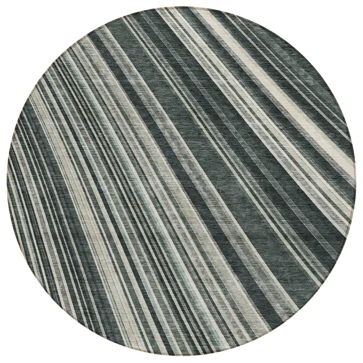 8' Black Gray And Ivory Round Striped Washable Indoor Outdoor Area Rug