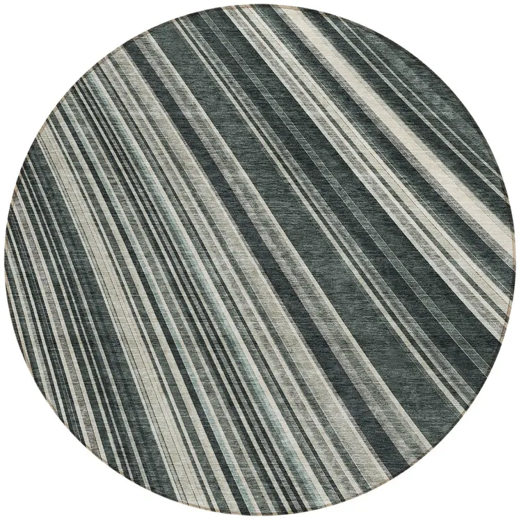 8' Black Gray And Ivory Round Striped Washable Indoor Outdoor Area Rug