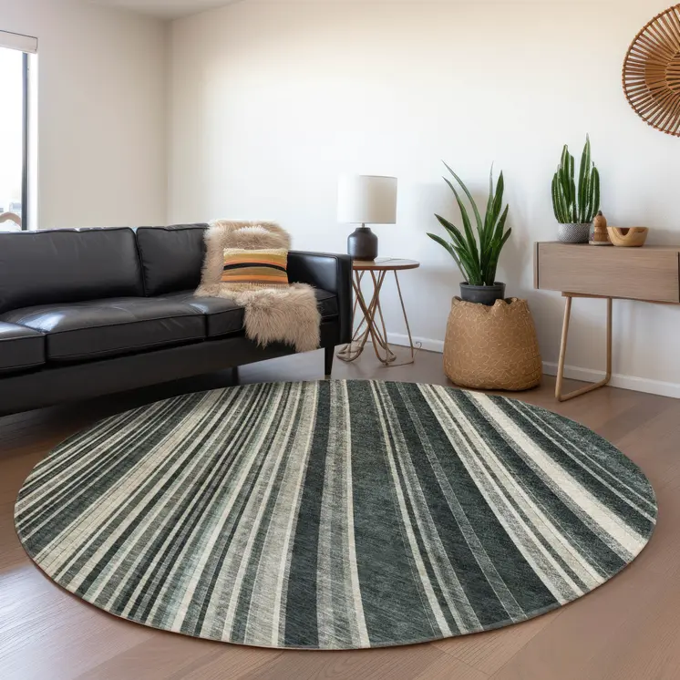 8' Black Gray And Ivory Round Striped Washable Indoor Outdoor Area Rug