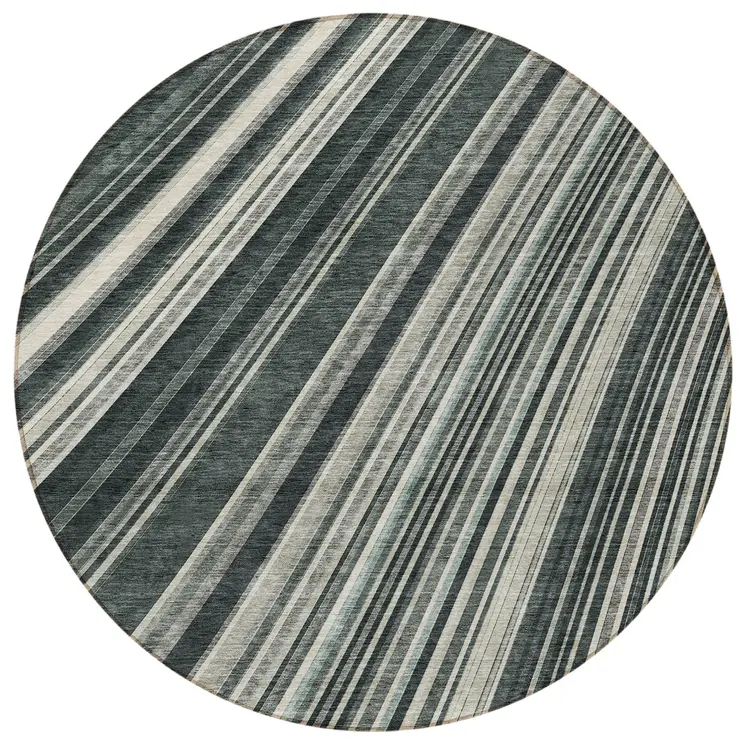 8' Black Gray And Ivory Round Striped Washable Indoor Outdoor Area Rug