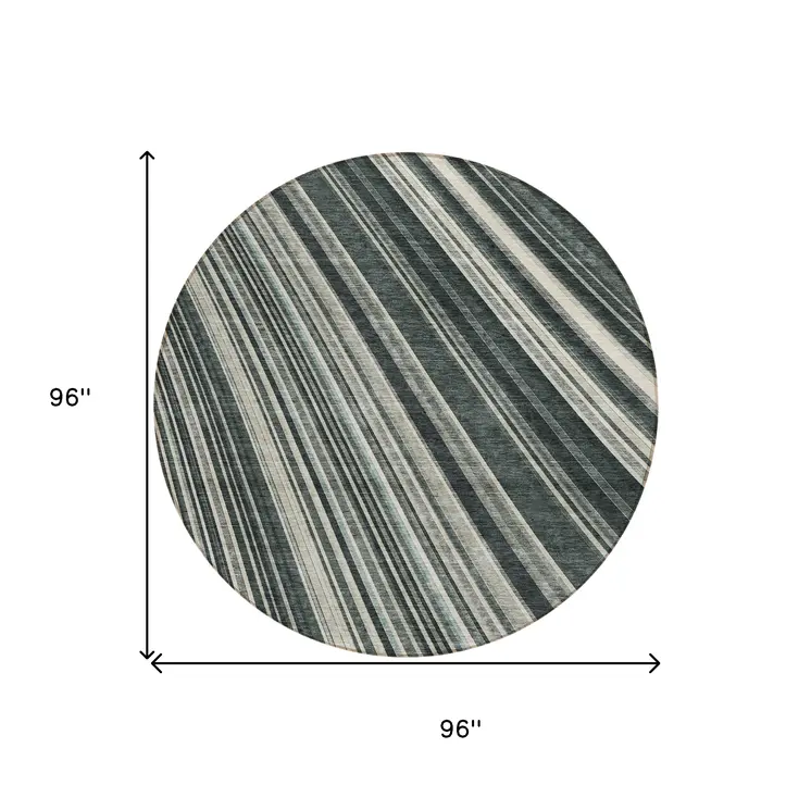 8' Black Gray And Ivory Round Striped Washable Indoor Outdoor Area Rug