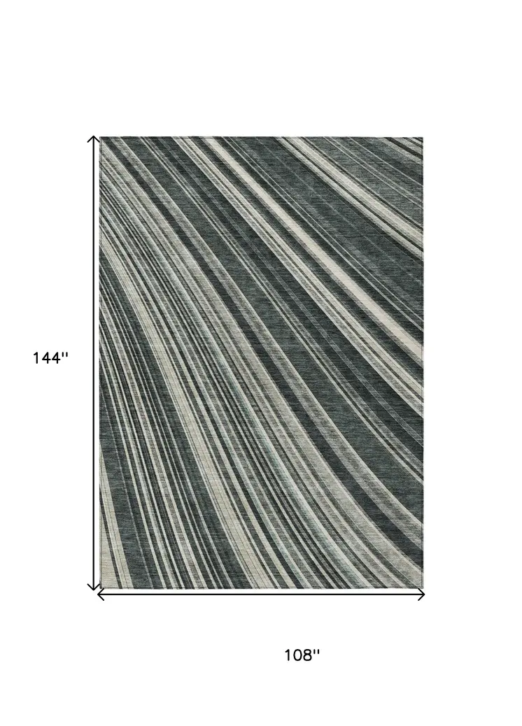 9' X 12' Black Gray And Ivory Striped Washable Indoor Outdoor Area Rug