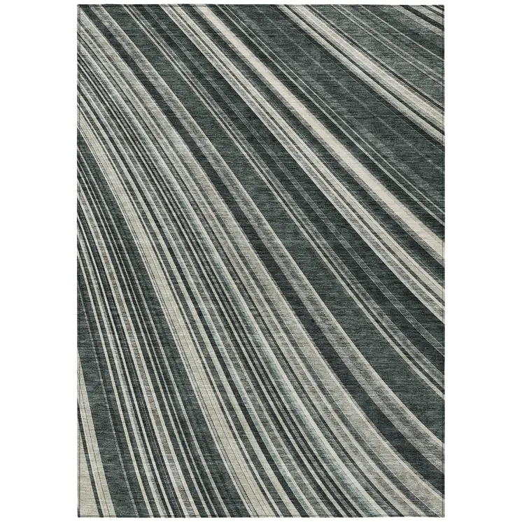 9' X 12' Black Gray And Ivory Striped Washable Indoor Outdoor Area Rug