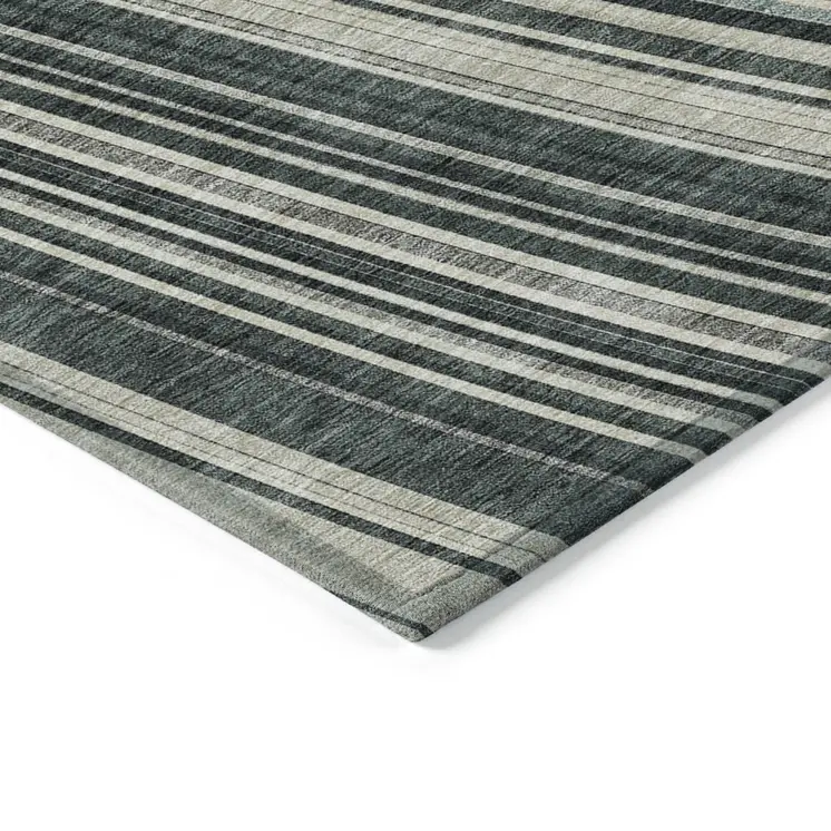 9' X 12' Black Gray And Ivory Striped Washable Indoor Outdoor Area Rug