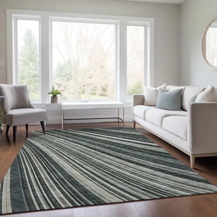 9' X 12' Black Gray And Ivory Striped Washable Indoor Outdoor Area Rug