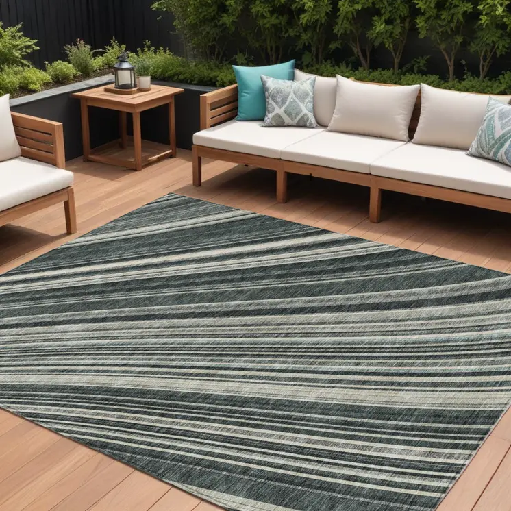 10' X 14' Black Gray And Ivory Striped Washable Indoor Outdoor Area Rug