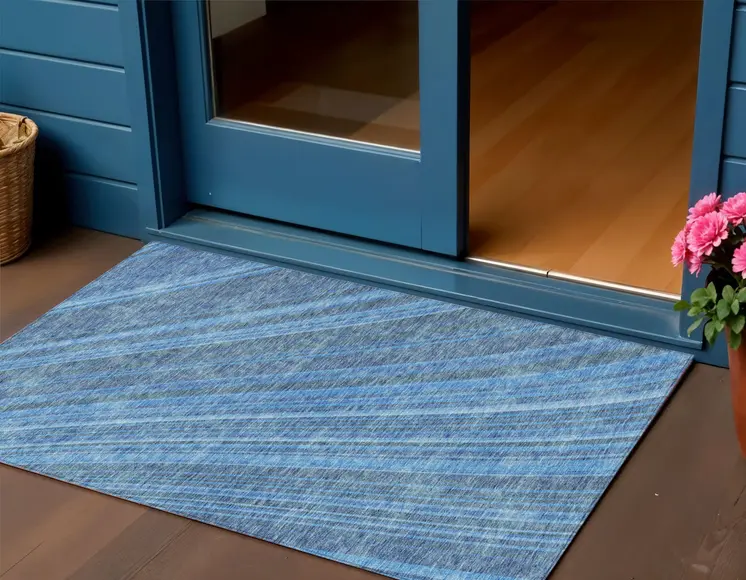 3' X 5' Blue Sky Blue And Gray Striped Washable Indoor Outdoor Area Rug