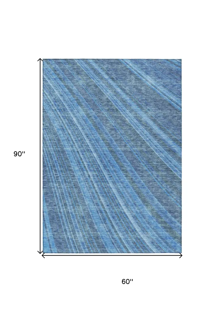 5' X 8' Blue Sky Blue And Gray Striped Washable Indoor Outdoor Area Rug