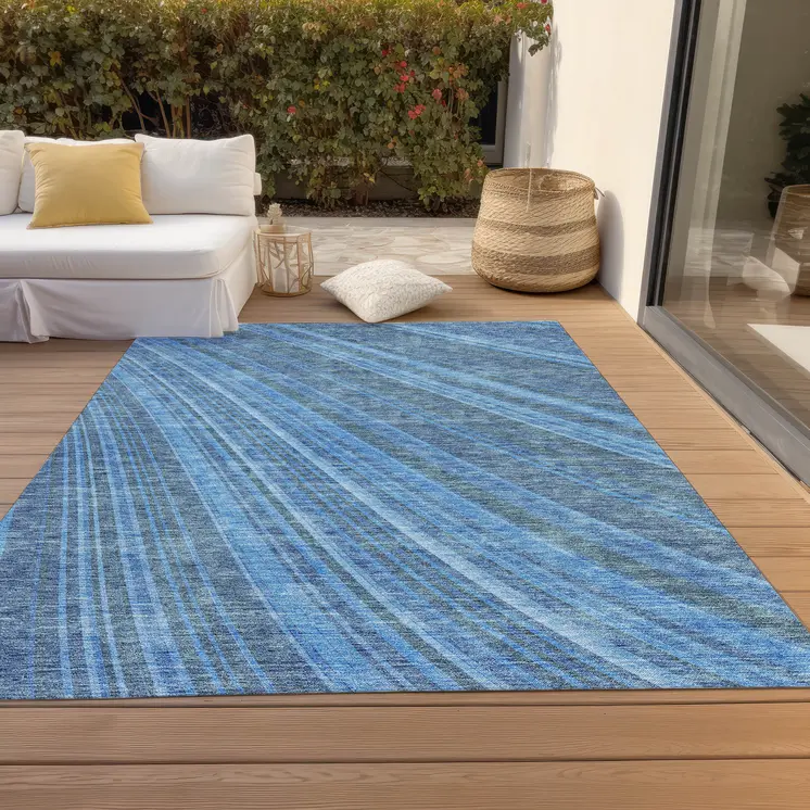 5' X 8' Blue Sky Blue And Gray Striped Washable Indoor Outdoor Area Rug