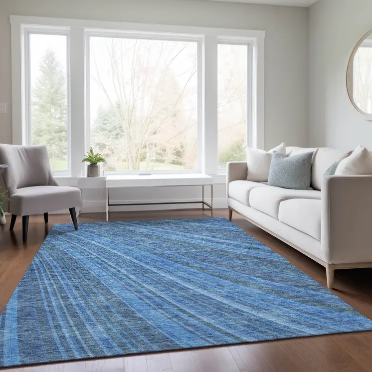 5' X 8' Blue Sky Blue And Gray Striped Washable Indoor Outdoor Area Rug