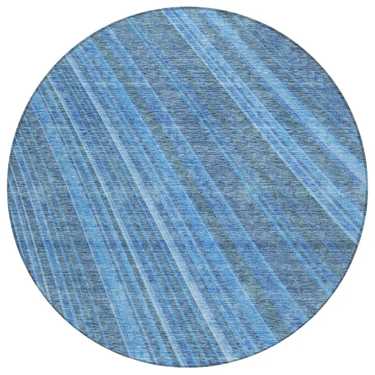 8' Blue Sky Blue And Gray Round Striped Washable Indoor Outdoor Area Rug
