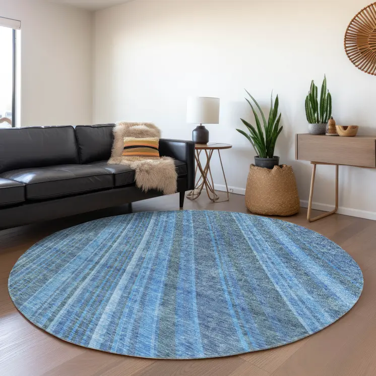 8' Blue Sky Blue And Gray Round Striped Washable Indoor Outdoor Area Rug