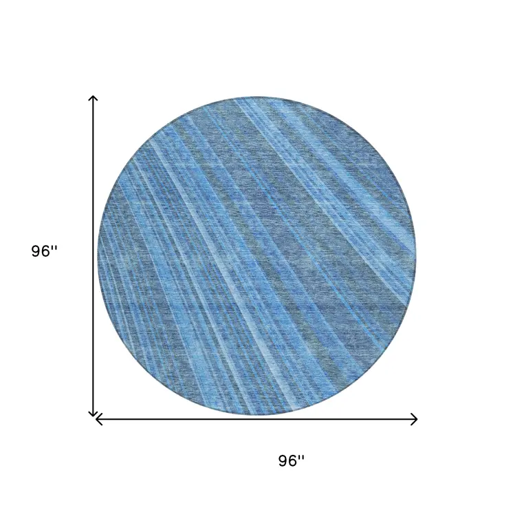 8' Blue Sky Blue And Gray Round Striped Washable Indoor Outdoor Area Rug