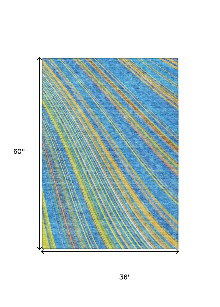 3' X 5' Denim Blue Sky Blue And Gold Striped Washable Indoor Outdoor Area Rug