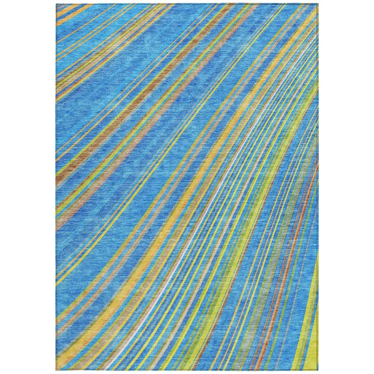 5' X 8' Denim Blue Sky Blue And Gold Striped Washable Indoor Outdoor Area Rug