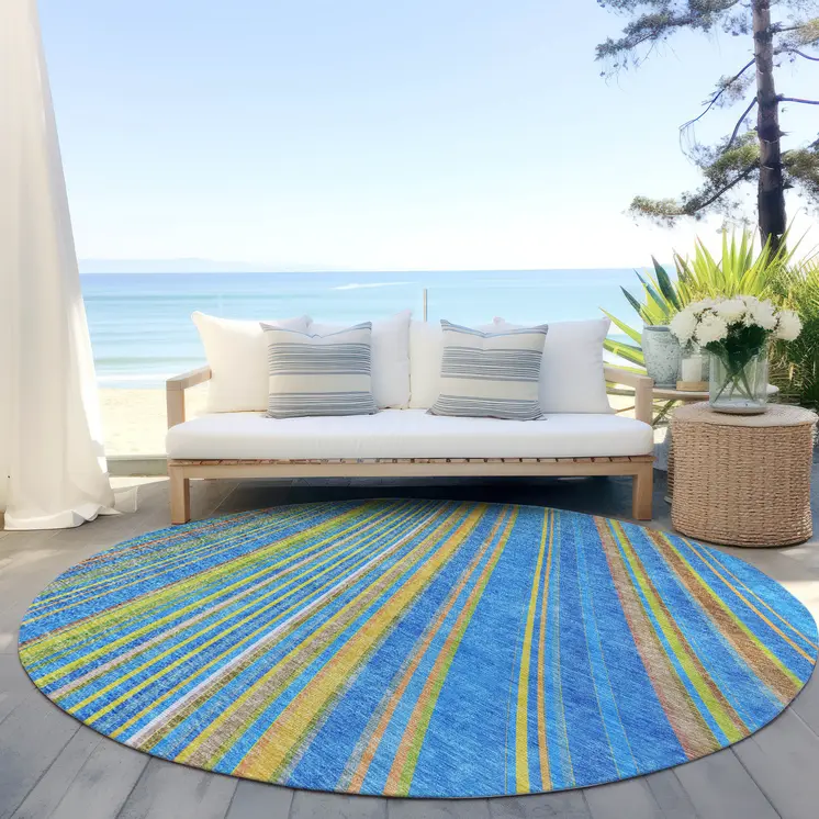 8' Denim Blue Sky Blue And Gold Round Striped Washable Indoor Outdoor Area Rug