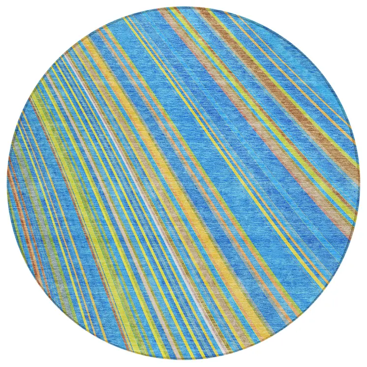8' Denim Blue Sky Blue And Gold Round Striped Washable Indoor Outdoor Area Rug