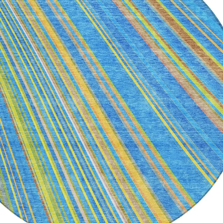 8' Denim Blue Sky Blue And Gold Round Striped Washable Indoor Outdoor Area Rug