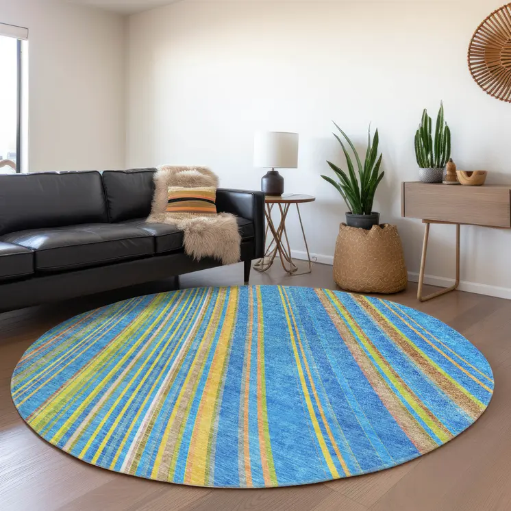 8' Denim Blue Sky Blue And Gold Round Striped Washable Indoor Outdoor Area Rug