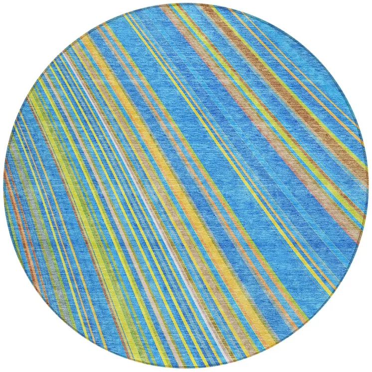 8' Denim Blue Sky Blue And Gold Round Striped Washable Indoor Outdoor Area Rug