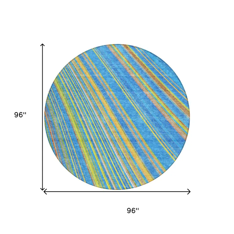 8' Denim Blue Sky Blue And Gold Round Striped Washable Indoor Outdoor Area Rug