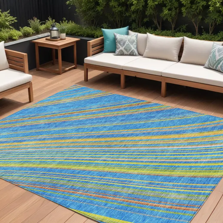8' X 10' Denim Blue Sky Blue And Gold Striped Washable Indoor Outdoor Area Rug