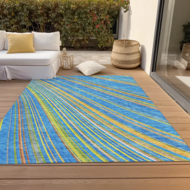 9' X 12' Denim Blue Sky Blue And Gold Striped Washable Indoor Outdoor Area Rug