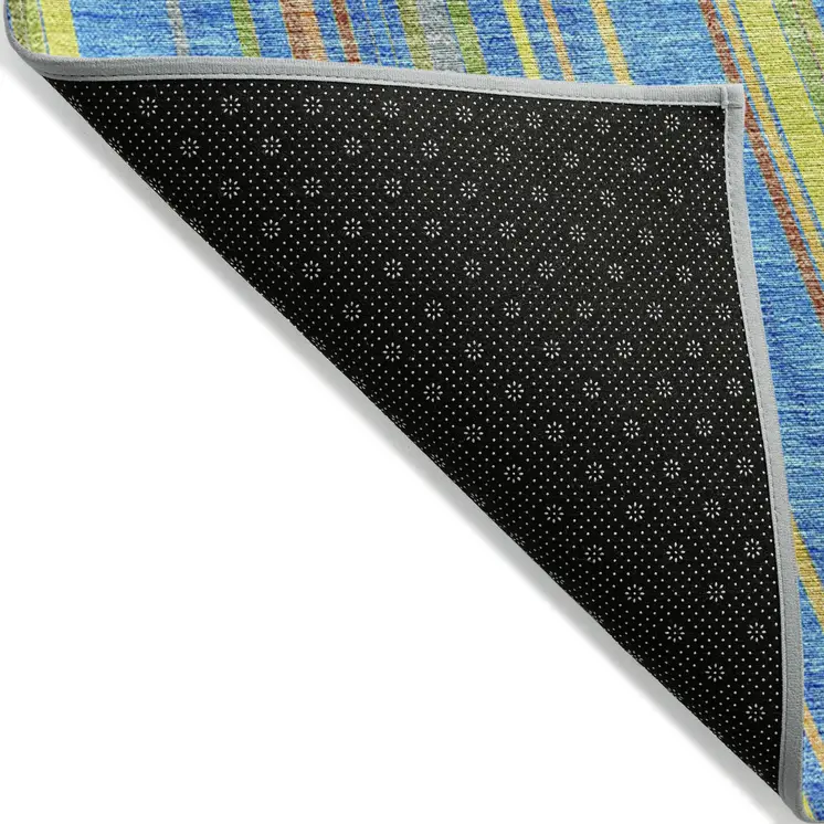 9' X 12' Denim Blue Sky Blue And Gold Striped Washable Indoor Outdoor Area Rug