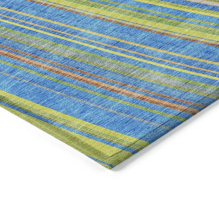 9' X 12' Denim Blue Sky Blue And Gold Striped Washable Indoor Outdoor Area Rug