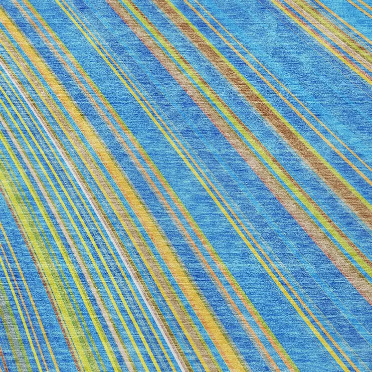 9' X 12' Denim Blue Sky Blue And Gold Striped Washable Indoor Outdoor Area Rug