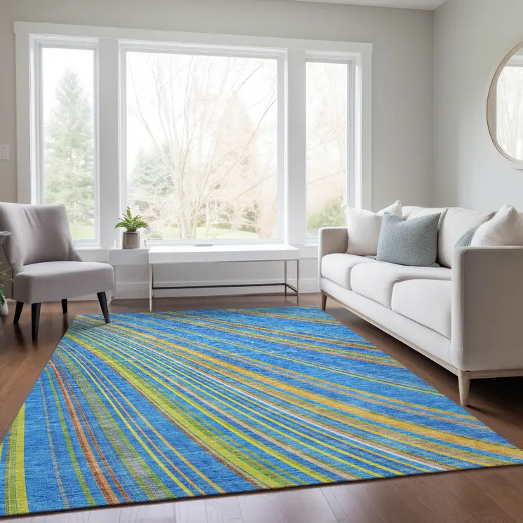 9' X 12' Denim Blue Sky Blue And Gold Striped Washable Indoor Outdoor Area Rug