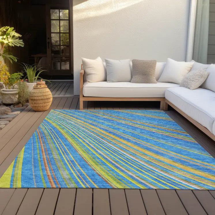 9' X 12' Denim Blue Sky Blue And Gold Striped Washable Indoor Outdoor Area Rug