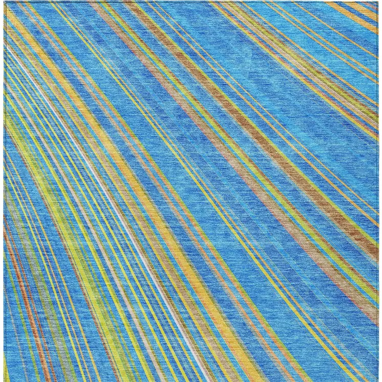 10' X 14' Denim Blue Sky Blue And Gold Striped Washable Indoor Outdoor Area Rug