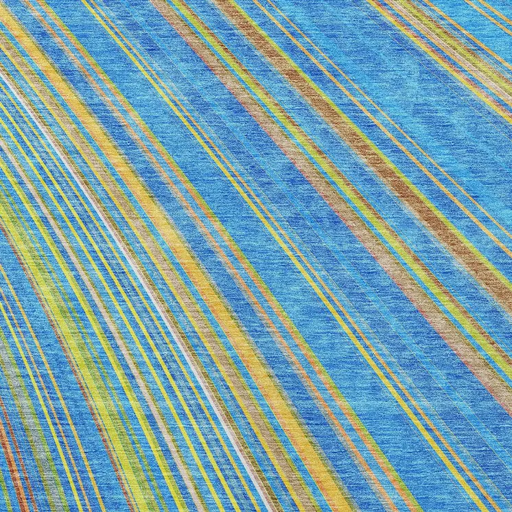 10' X 14' Denim Blue Sky Blue And Gold Striped Washable Indoor Outdoor Area Rug