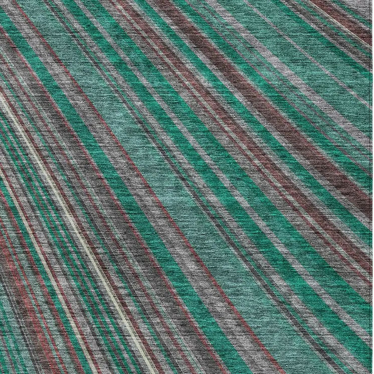 3' X 5' Emerald Gray And Merlot Striped Washable Indoor Outdoor Area Rug