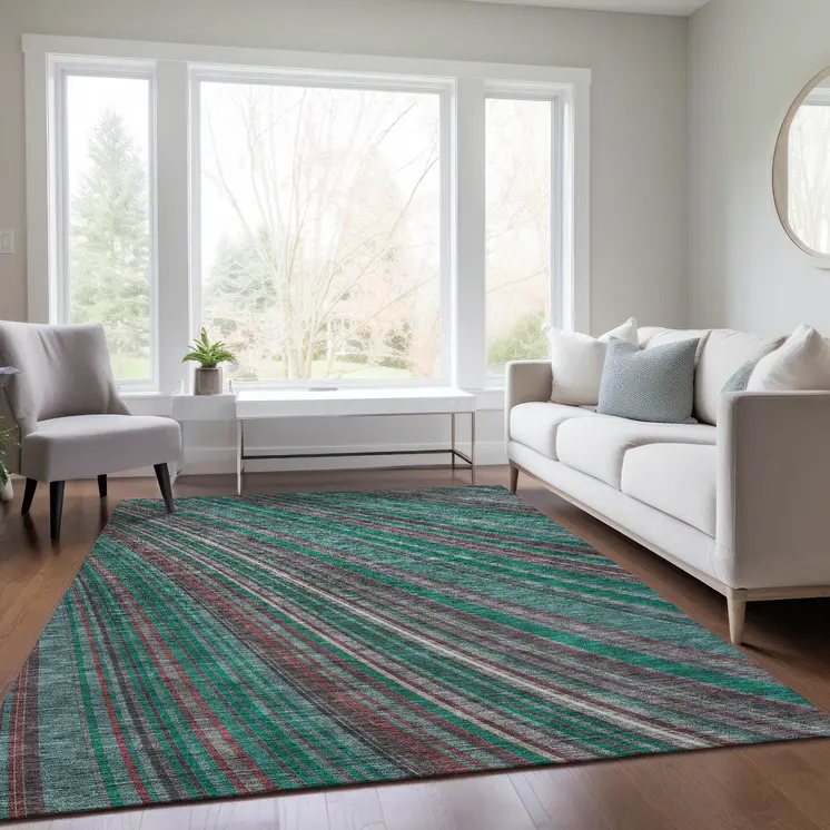 3' X 5' Emerald Gray And Merlot Striped Washable Indoor Outdoor Area Rug