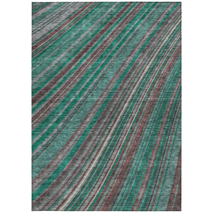 5' X 8' Emerald Gray And Merlot Striped Washable Indoor Outdoor Area Rug